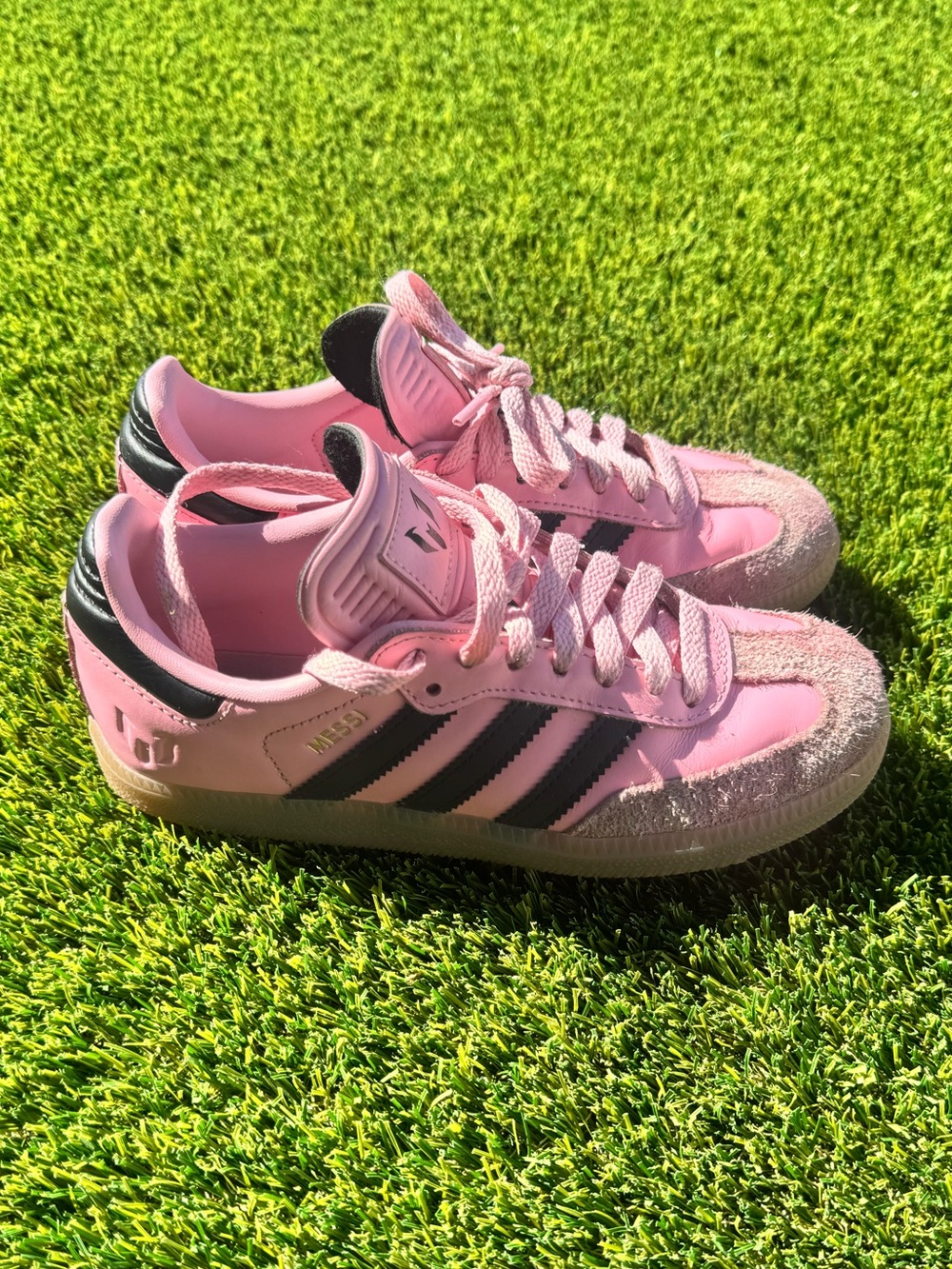 adidas Messi Kids Pink Samba Sneakers with Black Stripes